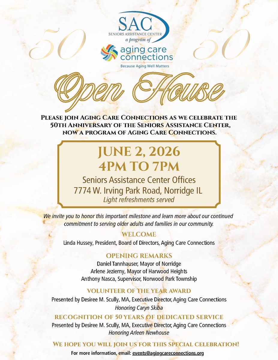 agingcareconns's tweet photo. Join us TOMORROW at the Seniors Assistance Center in Norridge for our Open House!

Connect with our community, celebrate the 50th anniversary of the Seniors Assistance Center, and learn more about our programs &amp; services!

This event is from 4pm - 7pm. 
The program starts at 5pm. https://t.co/nFaJE0Zqwb