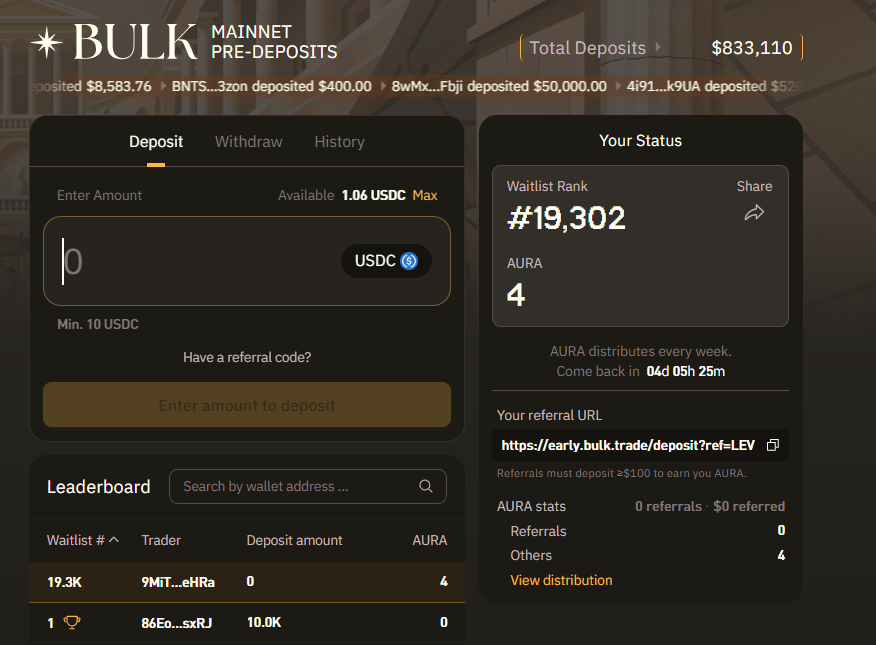lev_eth's tweet photo. BULK is a perp DEX launching on Solana sometime in June or July. Right now @bulktrade is running pre-deposits before mainnet goes live and handing out points called AURA to people who get in early.

You deposit $USDC through their site, it sits there until mainnet launches, and then it automatically becomes your trading margin on the exchange. You can withdraw anytime before launch. Not locked, not staking. 1M AURA get distributed every week and most of that goes to pre-depositors based on how much you put in and how long you keep it there. First distribution is June 6.

Current TVL is around $833K. The fewer dollars in the pool the bigger your share of the weekly AURA drop. At this level $100-500 actually gets you a meaningful allocation. Once TVL climbs to $8-10M small deposits stop doing much.

There is a referral program but it is nothing crazy. 1 AURA per $100 your referral deposits.

Nobody knows what AURA converts to yet. No confirmed tokenomics, no price. Community expects something like 30% of supply going to point holders but nobody promised that. Main downside is a mainnet delay where your USDC just sits there earning nothing, and after launch you are on a new perp DEX with leverage risk like any other.

I put in because TVL is still low enough that the points math works and I wanted early margin on another Solana perp exchange anyway. Mainnet on time and reasonable token allocation and this is a solid early position. Delays or bad tokenomics and I parked some USDC for a few weeks.