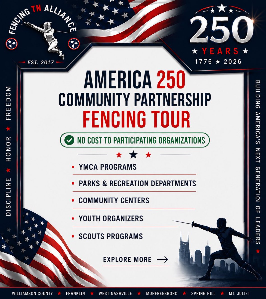 FencingTN's tweet photo. 🇺🇸 AMERICA 250 FUTURE CHAMPIONS CAMPAIGN 🇺🇸

As America celebrates 250 years of freedom, opportunity, and leadership, Fencing TN Alliance is proud to launch one of our most ambitious community initiatives ever.

⚔️ FUTURE CHAMPIONS CHARTER MEMBERSHIP

Exclusive benefits for the first 250 new fencers who join the America 250 Future Champions Campaign in our 6 locations in Middle Tennessee.

🏫 SCHOOL & HOMESCHOOL FENCING TOUR

Bringing Olympic fencing experiences directly to schools, homeschool communities, co-ops, and youth enrichment programs throughout Middle Tennessee.

🤝 COMMUNITY PARTNERSHIP FENCING TOUR

Partnering with community organizations, parks departments, YMCA programs, scout groups, and youth organizations to inspire the next generation through sport, leadership, and character development.

⚔️ FUTURE CHAMPIONS CHARTER MEMBERSHIP

Exclusive benefits for the first 250 new fencers who join the America 250 Future Champions Campaign in our 6 locations in Middle Tennessee.

Our mission is simple:

To inspire confidence, discipline, leadership, and excellence through Olympic fencing while developing the next generation of champions and leaders.

🇺🇸 Honoring America’s Past.
🇺🇸 Inspiring America’s Future.

Proudly serving Middle Tennessee through 6 locations:

📍 Williamson County
📍 Franklin
📍 Nashville
📍 Murfreesboro
📍 Spring Hill
📍 Mt. Juliet

Join us as we celebrate America 250 by investing in America’s future.

Learn more through the links below and become part of the America 250 Future Champions Campaign. Visit: https://t.co/K9Hy4ktLfJ

#America250
#FutureChampions
#FencingTNAlliance
#OlympicFencing
#MiddleTennessee
YouthLeadership
HomeschoolTN
CommunityPartnership
FutureOlympians
America250FutureChamions 
YMCA
@USAFencing @TeamUSA