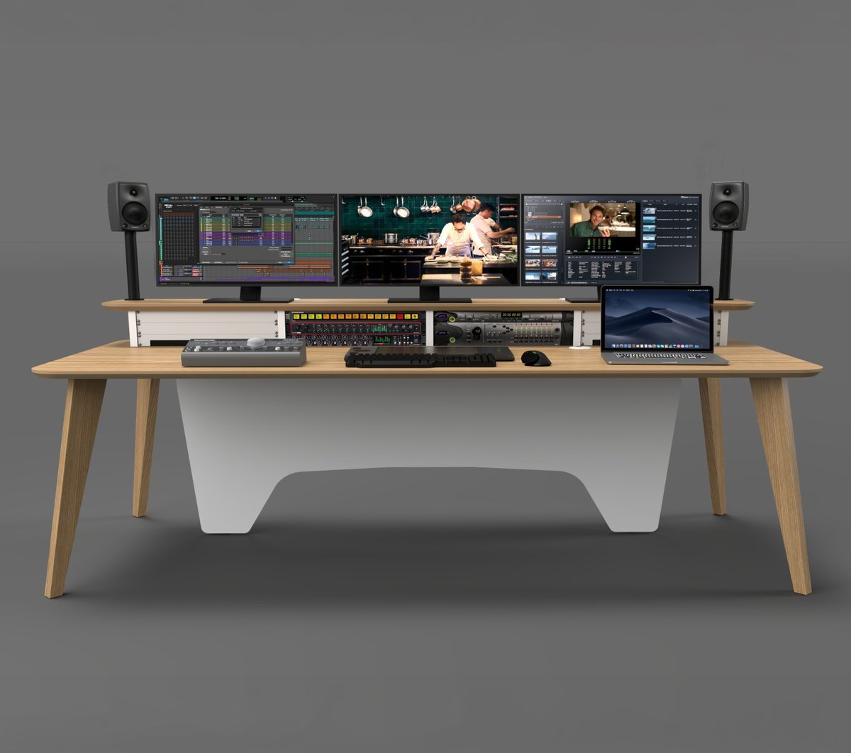 envypost's tweet photo. A real pleasure working with @akadesignuk on these amazing edit desks for our edit suites. Finished in beautiful Crown Oak with custom features throughout!
This 3D render shows the design stage, with all 15 now fully installed and in use. We love it! https://t.co/oqBJgZiTAo