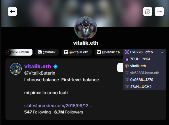maybedeploy's tweet photo. Vitalik is shilling FireFly, and in the wallets linked on his profile there’s a Solana wallet and a Base ENS (vb62831). Crazy, right? https://t.co/pnHLsyGl9h