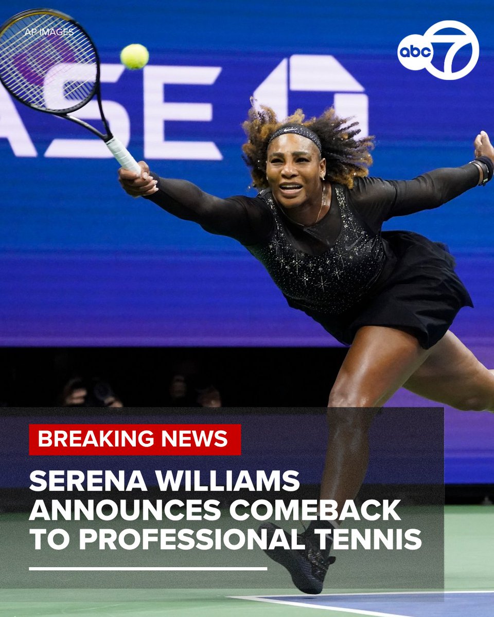 ABC7's tweet photo. #BREAKING: Serena Williams is officially making her comeback to professional tennis. The 23-time singles Grand Slam champion and mom of two will play her first professional tennis match in nearly four years next week in London. https://t.co/fR3yO5GQpd https://t.co/35ITFa9TbY