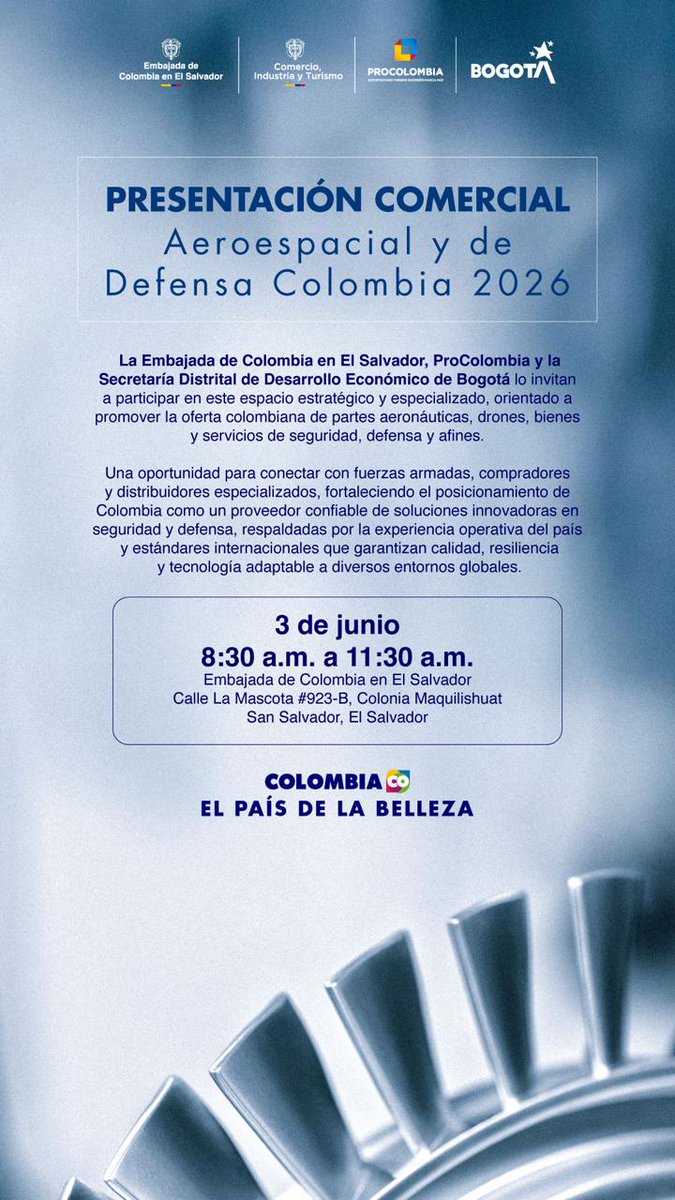 EmbColES's tweet photo. Presentación Comercial Aeroespacial y de Defensa Colombia 2026. Junto a @ProColombiaCo y la Secretaría Distrital de Desarrollo Económico de Bogotá, abrimos un espacio para conocer la oferta colombiana en partes aeronáuticas, drones, blindaje y soluciones de seguridad y defensa🧵 https://t.co/kJthEmVPxJ