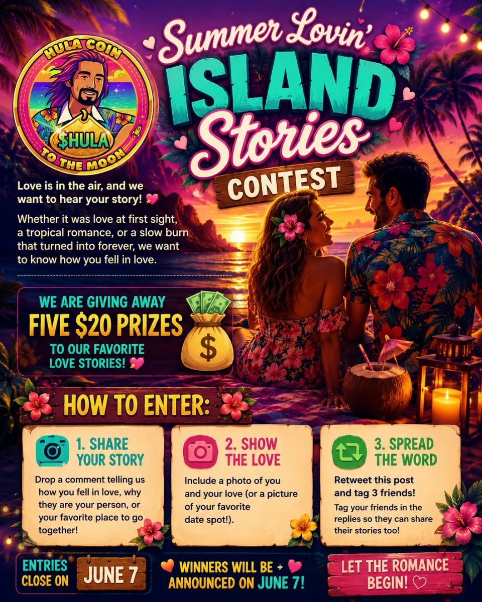 hulaisland's tweet photo. ☀️Hula Island’s "𝗦𝘂𝗺𝗺𝗲𝗿 𝗟𝗼𝘃𝗶𝗻'”Stories 𝗖𝗼𝗻𝘁𝗲𝘀𝘁 🌺❤️
​
𝘓𝘰𝘷𝘦 𝘪𝘴 𝘪𝘯 𝘵𝘩𝘦 𝘢𝘪𝘳, 𝘢𝘯𝘥 𝘸𝘦 𝘸𝘢𝘯𝘵 𝘵𝘰 𝘩𝘦𝘢𝘳 𝘺𝘰𝘶𝘳 𝘴𝘵𝘰𝘳𝘺! 🌴💕

𝘞𝘦𝘭𝘤𝘰𝘮𝘦 𝘵𝘰 𝘰𝘶𝘳 𝘚𝘶𝘮𝘮𝘦𝘳 𝘓𝘰𝘷𝘪𝘯’ 𝘐𝘴𝘭𝘢𝘯𝘥 𝘚𝘵𝘰𝘳𝘪𝘦𝘴 𝘤𝘰𝘯𝘵𝘦𝘴𝘵! 𝘞𝘩𝘦𝘵𝘩𝘦𝘳 𝘪𝘵 𝘸𝘢𝘴 𝘭𝘰𝘷𝘦 𝘢𝘵 𝘧𝘪𝘳𝘴𝘵 𝘴𝘪𝘨𝘩𝘵, 𝘢 𝘵𝘳𝘰𝘱𝘪𝘤𝘢𝘭 𝘳𝘰𝘮𝘢𝘯𝘤𝘦, 𝘰𝘳 𝘢 𝘴𝘭𝘰𝘸 𝘣𝘶𝘳𝘯 𝘵𝘩𝘢𝘵 𝘵𝘶𝘳𝘯𝘦𝘥 𝘪𝘯𝘵𝘰 𝘧𝘰𝘳𝘦𝘷𝘦𝘳, 𝘸𝘦 𝘸𝘢𝘯𝘵 𝘵𝘰 𝘬𝘯𝘰𝘸 𝘩𝘰𝘸 𝘺𝘰𝘶 𝘧𝘦𝘭𝘭 𝘪𝘯 𝘭𝘰𝘷𝘦.

​𝗪𝗲 𝗮𝗿𝗲 𝗴𝗶𝘃𝗶𝗻𝗴 𝗮𝘄𝗮𝘆 𝗙𝗜𝗩𝗘 $𝟮𝟬 𝗽𝗿𝗶𝘇𝗲𝘀 𝘁𝗼 𝗼𝘂𝗿 𝗳𝗮𝘃𝗼𝗿𝗶𝘁𝗲 𝗹𝗼𝘃𝗲 𝘀𝘁𝗼𝗿𝗶𝗲𝘀! 💰💞

 🌴 𝘏𝘰𝘸 𝘵𝘰 𝘌𝘯𝘵𝘦𝘳:

✅ ​𝙎𝙝𝙖𝙧𝙚 𝙔𝙤𝙪𝙧 𝙎𝙩𝙤𝙧𝙮: 𝘿𝙧𝙤𝙥 𝙖 𝙘𝙤𝙢𝙢𝙚𝙣𝙩 𝙩𝙚𝙡𝙡𝙞𝙣𝙜 𝙪𝙨 𝙝𝙤𝙬 𝙮𝙤𝙪 𝙛𝙚𝙡𝙡 𝙞𝙣 𝙡𝙤𝙫𝙚, 𝙬𝙝𝙮 𝙩𝙝𝙚𝙮 𝙖𝙧𝙚 𝙮𝙤𝙪𝙧 𝙥𝙚𝙧𝙨𝙤𝙣, 𝙤𝙧 𝙮𝙤𝙪𝙧 𝙛𝙖𝙫𝙤𝙧𝙞𝙩𝙚 𝙥𝙡𝙖𝙘𝙚 𝙩𝙤 𝙜𝙤 𝙩𝙤𝙜𝙚𝙩𝙝𝙚𝙧!

✅ ​𝙎𝙝𝙤𝙬 𝙩𝙝𝙚 𝙇𝙤𝙫𝙚: 𝙄𝙣𝙘𝙡𝙪𝙙𝙚 𝙖 𝙥𝙝𝙤𝙩𝙤 𝙤𝙛 𝙮𝙤𝙪 𝙖𝙣𝙙 𝙮𝙤𝙪𝙧 𝙡𝙤𝙫𝙚 (𝙤𝙧 𝙖 𝙥𝙞𝙘𝙩𝙪𝙧𝙚 𝙤𝙛 𝙮𝙤𝙪𝙧 𝙛𝙖𝙫𝙤𝙧𝙞𝙩𝙚 𝙙𝙖𝙩𝙚 𝙨𝙥𝙤𝙩!). 📸

✅ ​𝙎𝙥𝙧𝙚𝙖𝙙 𝙩𝙝𝙚 𝙒𝙤𝙧𝙙: 𝙍𝙚𝙩𝙬𝙚𝙚𝙩 𝙩𝙝𝙞𝙨 𝙥𝙤𝙨𝙩 𝙖𝙣𝙙 𝙩𝙖𝙜 3 𝙛𝙧𝙞𝙚𝙣𝙙𝙨! 🔄 𝙏𝙖𝙜 𝙮𝙤𝙪𝙧 𝙛𝙧𝙞𝙚𝙣𝙙𝙨 𝙞𝙣 𝙩𝙝𝙚 𝙧𝙚𝙥𝙡𝙞𝙚𝙨 𝙨𝙤 𝙩𝙝𝙚𝙮 𝙘𝙖𝙣 𝙨𝙝𝙖𝙧𝙚 𝙩𝙝𝙚𝙞𝙧 𝙨𝙩𝙤𝙧𝙞𝙚𝙨 𝙩𝙤𝙤!

𝘌𝘯𝘵𝘳𝘪𝘦𝘴 𝘤𝘭𝘰𝘴𝘦 𝘰𝘯 𝘑𝘜𝘕𝘌 7  𝘢𝘯𝘥 𝘸𝘪𝘯𝘯𝘦𝘳𝘴 𝘸𝘪𝘭𝘭 𝘣𝘦 𝘢𝘯𝘯𝘰𝘶𝘯𝘤𝘦𝘥 𝘰𝘯 𝘑𝘜𝘕𝘌 8! 

𝘓𝘦𝘵 𝘵𝘩𝘦 𝘳𝘰𝘮𝘢𝘯𝘤𝘦 𝘣𝘦𝘨𝘪𝘯! 👇

#summerlove #California #hula #lovestory #solana #loveatfirstsight