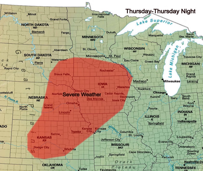 MidwestWeathe_r's tweet photo. Some severe weather is expected Thursday afternoon and evening for portions of MN, IA, SD, NE, MO, and KS. https://t.co/H2XLledyOQ