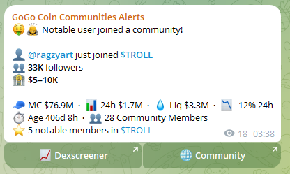 GoGoGadgetIntel's tweet photo. We don't stop. 

Saturday we went live with our MVP (which is free and can be seen on our telegram channel)

Sunday we upgraded this and added some extra features including the community members count and notable member count. 

Today we work to release the Buy alerts when KOLs buy tokens. (Aiming to front-run the join alerts)