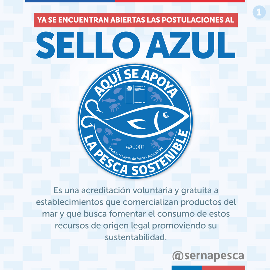 sernapesca's tweet photo. 🔵ATENCIÓN! Ya se encuentran abiertas las postulaciones para ser parte de #SelloAzul, programa que este año cumple 10 años de existencia,  que distingue a los establecimientos que trabajan en pro de la sustentabilidad de los recursos hidrobiológicos.

➡️ https://t.co/yOfFspHJP4 https://t.co/fm1iSnPI9V