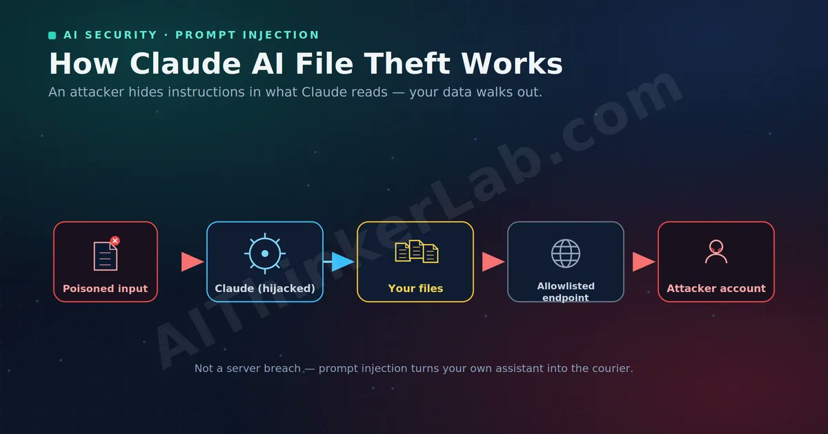 AIThinkerLab's tweet photo. "Claude AI file theft" isn't Anthropic getting hacked.
It's an attacker hiding instructions in a doc your Claude reads — then your own assistant ships your files out.
Here's how it works + how to stop it 👇 https://t.co/s6tsXwo5zu 
#AISecurity #PromptInjection https://t.co/DSjcu40Q2V
