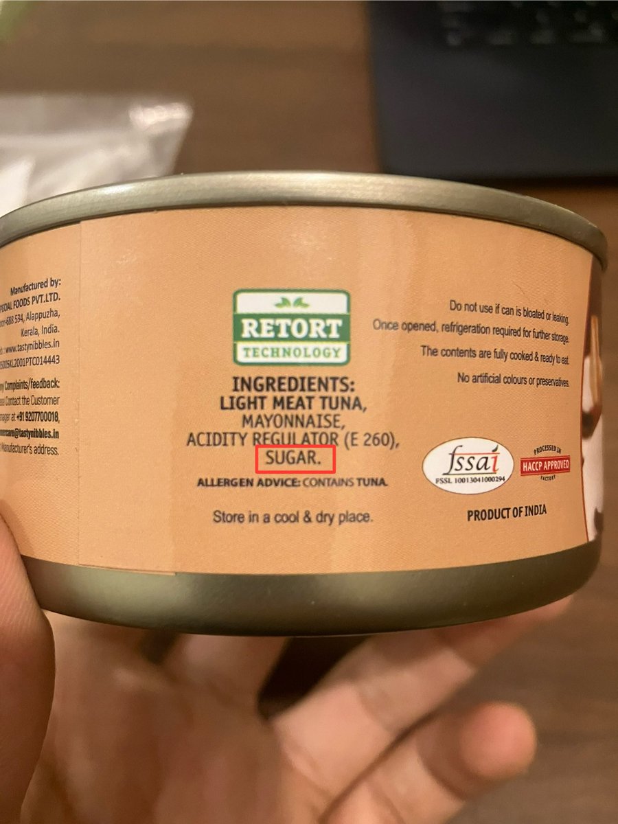 ronitkunk's tweet photo. @TastyNibbles how come your Tuna in Mayo can says 0g sugars per serve even though sugar is an ingredient? https://t.co/Qt4ymkgrMy