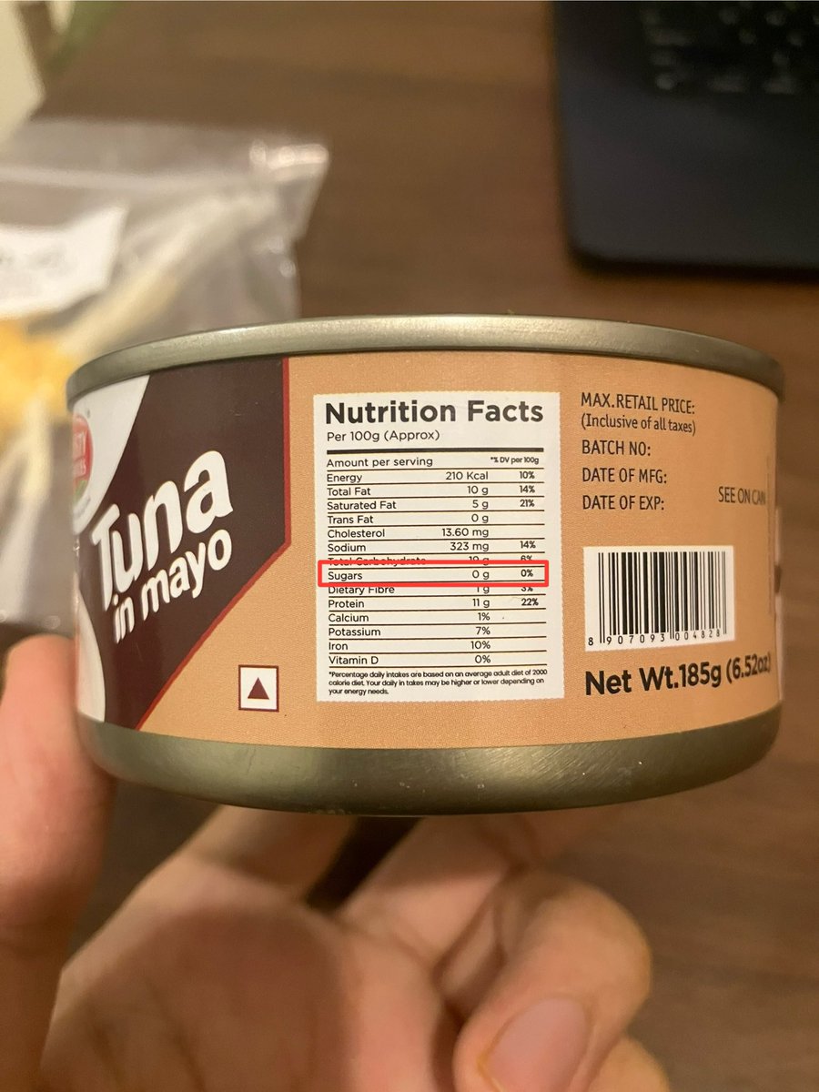 ronitkunk's tweet photo. @TastyNibbles how come your Tuna in Mayo can says 0g sugars per serve even though sugar is an ingredient? https://t.co/Qt4ymkgrMy