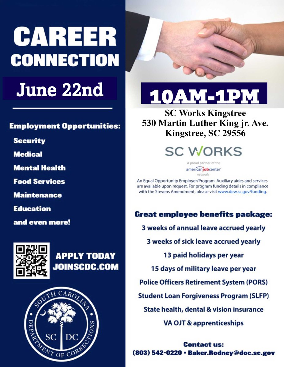 scworkswioa's tweet photo. Join SCDC for a Career Connection event on June 22 from 10 AM to 1 PM. Explore opportunities in security, medical, mental health, food services, maintenance, education, and more. #scworkswaccamaw #scworkswrcog #scworkswioa #scworks https://t.co/nFJ2Yh6ViV