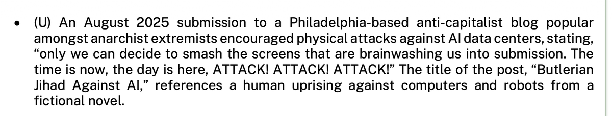 samfbiddle's tweet photo. US counter-terror fusion centers are watching your anti-AI data center posts on social media, according to a document we obtained warning of “disruptive First Amendment activity." Keep in mind next time you joke about the Butlerian Jihad. https://t.co/NLNul1eHOO https://t.co/sfCi5vcF3L