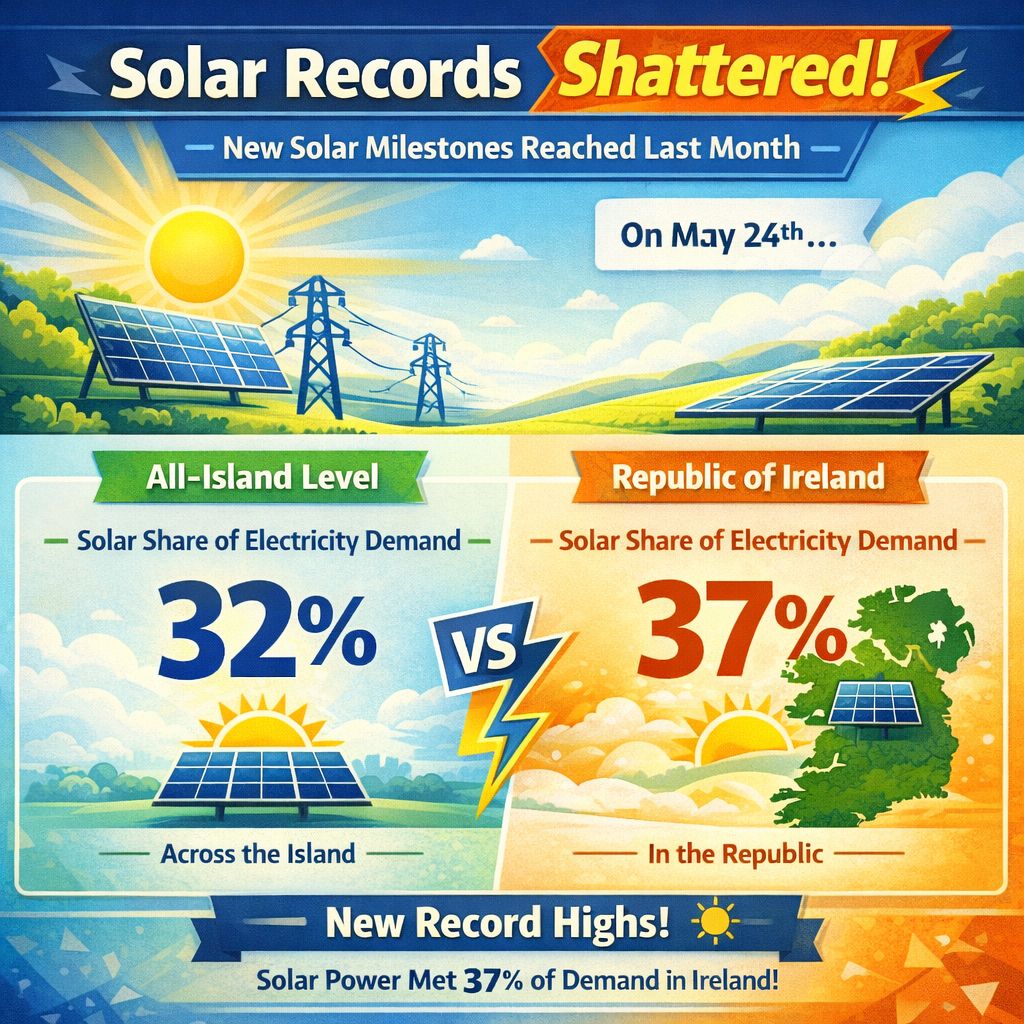 iballesty's tweet photo. New solar record in Ireland: the instant share of electricity demand met by solar farms! 🌞⚡ #SolarPower #Ireland

May 24: Share >32% all-island, 37% in Republic of Ireland! #Stats #SolarPV #GreenCollective https://t.co/NJfPZO0G46