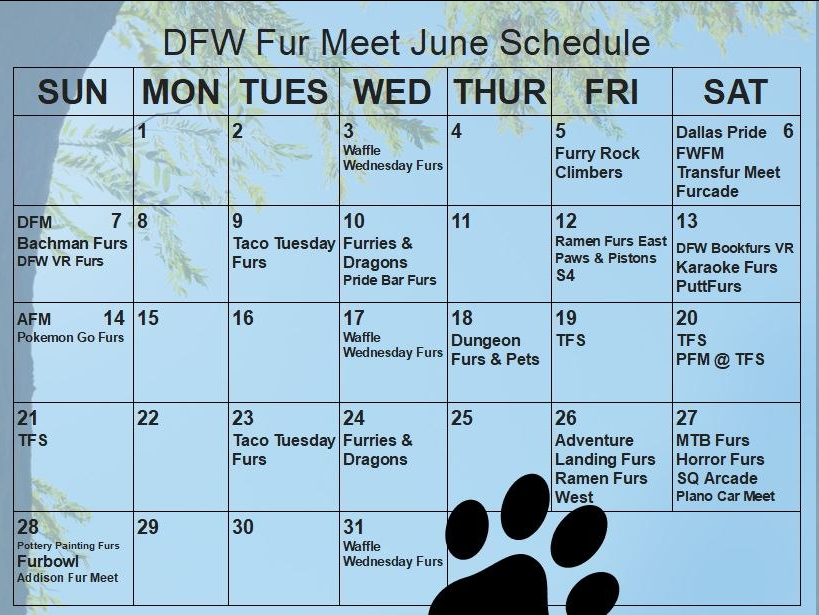DFWFurs's tweet photo. The June furmeet calendar is here #DFWFurs!

Please refer to the key to see organizers, locations, and requirements to attend for each meet! ❤️🐾 https://t.co/2ZS74oTBnh