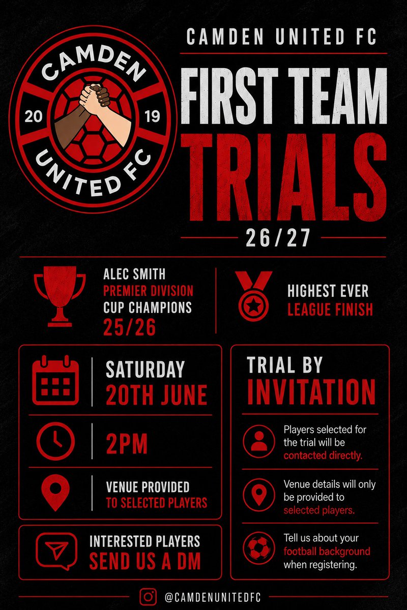 FlipFlopping_86's tweet photo. 🔴⚫️ FIRST TEAM TRIALS 26/27 🔴⚫️

Camden United FC are recruiting ahead of the new season.

Step 7 football.
Alec Smith Premier Division Cup Champions 25/26.
Interested players, DM for details. https://t.co/obzpJqt6iZ