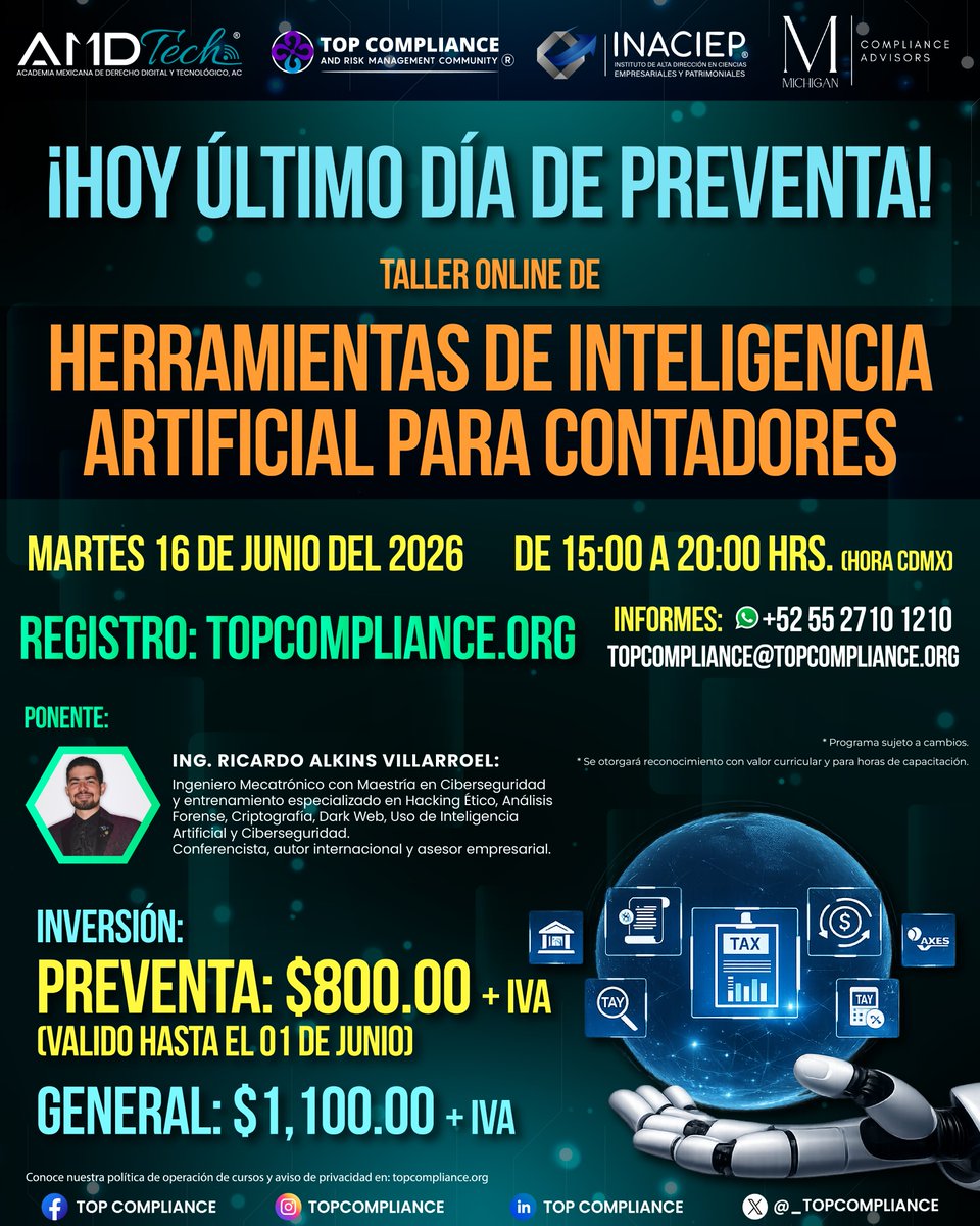 _TopCompliance's tweet photo. 🚨¡HOY ÚLTIMO DÍA DE PREVENTA!🚨
Inscríbete a nuestro 𝐓𝐚𝐥𝐥𝐞𝐫 𝐎𝐧𝐥𝐢𝐧𝐞 𝐝𝐞 𝐇𝐞𝐫𝐫𝐚𝐦𝐢𝐞𝐧𝐭𝐚𝐬 𝐝𝐞 𝐈𝐧𝐭𝐞𝐥𝐢𝐠𝐞𝐧𝐜𝐢𝐚 𝐀𝐫𝐭𝐢𝐟𝐢𝐜𝐢𝐚𝐥 𝐩𝐚𝐫𝐚 𝐂𝐨𝐧𝐭𝐚𝐝𝐨𝐫𝐞𝐬.

🔗 Inscríbete aquí: https://t.co/UYlD8ua60S https://t.co/AQQljmz2PH