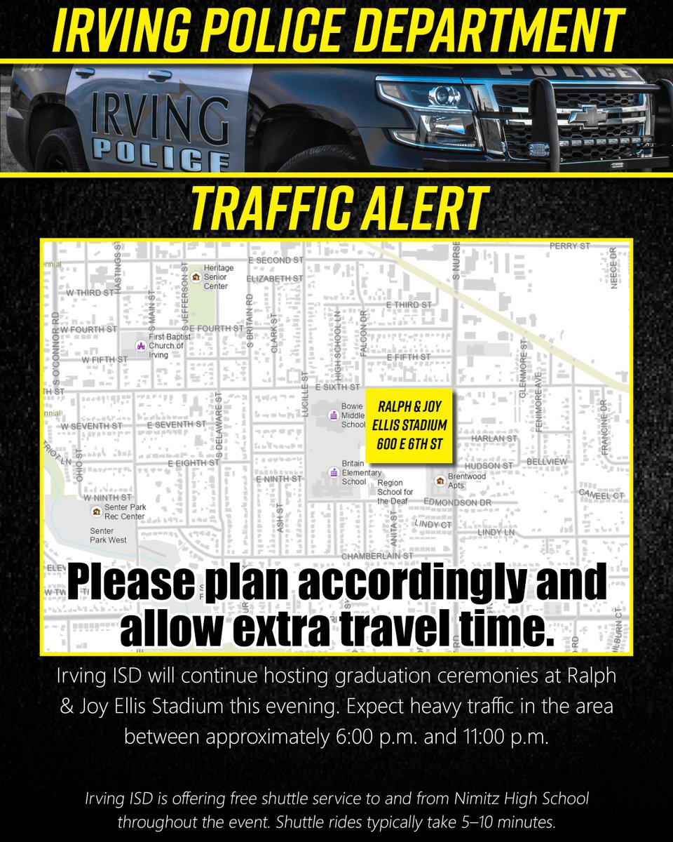 IrvingPD's tweet photo. Graduation season is here, and it’s time to celebrate our amazing seniors!

As families and friends gather to cheer on the Class of 2026 at Ralph & Joy Ellis Stadium, you may notice increased traffic in the area. Please plan ahead, allow extra travel time, and join us in celebrating the graduates who have worked so hard to reach this milestone.

Congratulations and best wishes to all of our graduates. Your future is bright, and we are excited to see what comes next! And if you are looking for a rewarding career opportunity, we are currently hiring for a variety of positions.