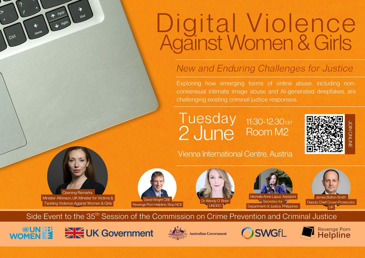 UKMissionVienna's tweet photo. 📢 Happening tomorrow! 

Join the UK's #CCPCJ35 side event, "Digital Violence Against Women and Girls: New and Enduring Challenges for Justice", with opening remarks by @MoJGovUK Minister Atkinson. 

📅 Tuesday 2 June 
📍 Room M2, VIC 
⏰ 11.30 - 12.30 

@UNODC_CCPCJ https://t.co/aqCAFWVUTz