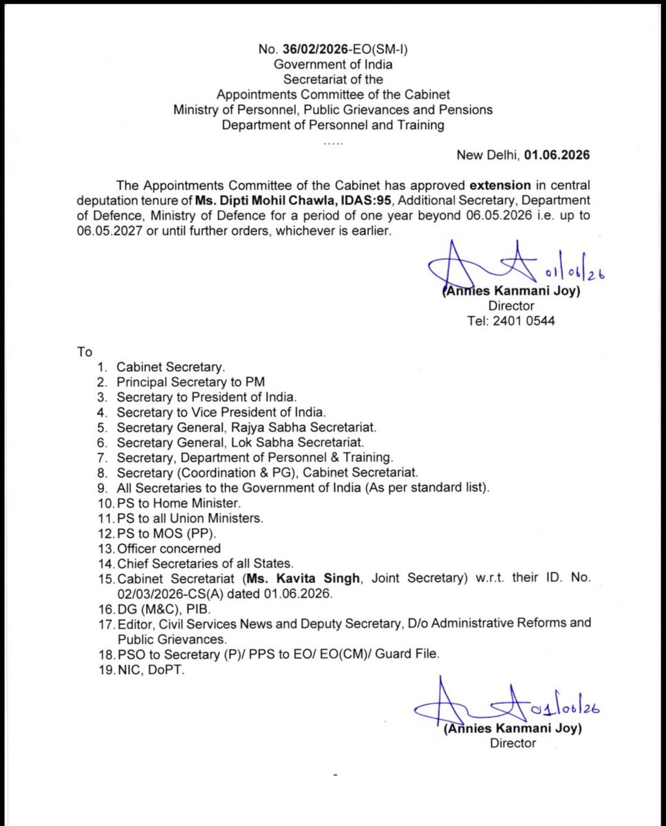 CSSforum_'s tweet photo. The Appointments Committee of the Cabinet (ACC) has approved the extension of central deputation tenure of Dipti Mohil Chawla, Additional Secretary, Department of Defence, Ministry of Defence, for a period of one year beyond 06.05.2026. #DoPT https://t.co/HIeheIuOUX