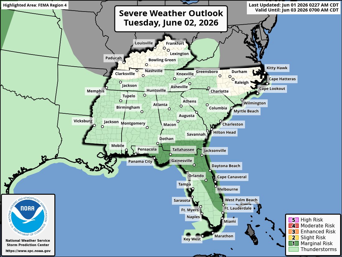 PC_WeatherBoy's tweet photo. Weather Outlook for Tuesday 6/2/26:

An upper-level trough will move southward into the Southeast on Tuesday, as a cold front advances southward into southern Georgia. Along and to the south of the front, surface dewpoints from the mid 60s to lower 70s F will contribute to the development of moderate instability by afternoon. Within this unstable airmass, low-level lapse rates will become steep during the mid to late afternoon, which may support an isolated wind-damage threat with the stronger multicells. An isolated potential for severe wind gusts will also be possible in the afternoon along sea breeze boundaries near the coast of northern and eastern Florida.