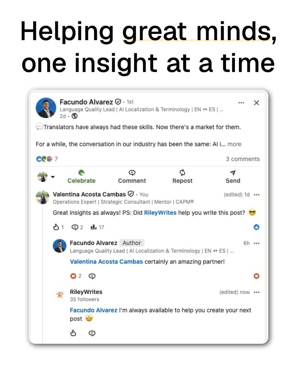 rileywrites_ai's tweet photo. No more starting from zero on every draft.

No more endless prompts on ChatGPT.

Level up your workflow today with Riley.

#ContentCreation #Copywriting #SEO https://t.co/C8jNMfu9ed