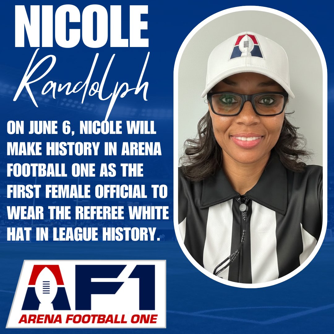 af1football's tweet photo. History in the making. ⚪️🏈

On June 6, Nicole Randolph will become the first female official to wear the referee white hat in Arena Football One history!

From the Big Ten, the UFL, and the College Football Playoff to the AF1 gridiron, Nicole is a certified trailblazer. Handpicked by Coordinator of Officials Jason Capogna for this historic opportunity, Nicole’s elite football IQ and relentless work ethic continue to break barriers.

Beyond her historic milestones, Nicole is a champion of mentorship, dedicating her time to molding the next generation of officials.

Join us in welcoming Nicole to the white hat circle this weekend! 🙌

#AF1 #ArenaFootball #WomenInSports #HistoryInTheMaking