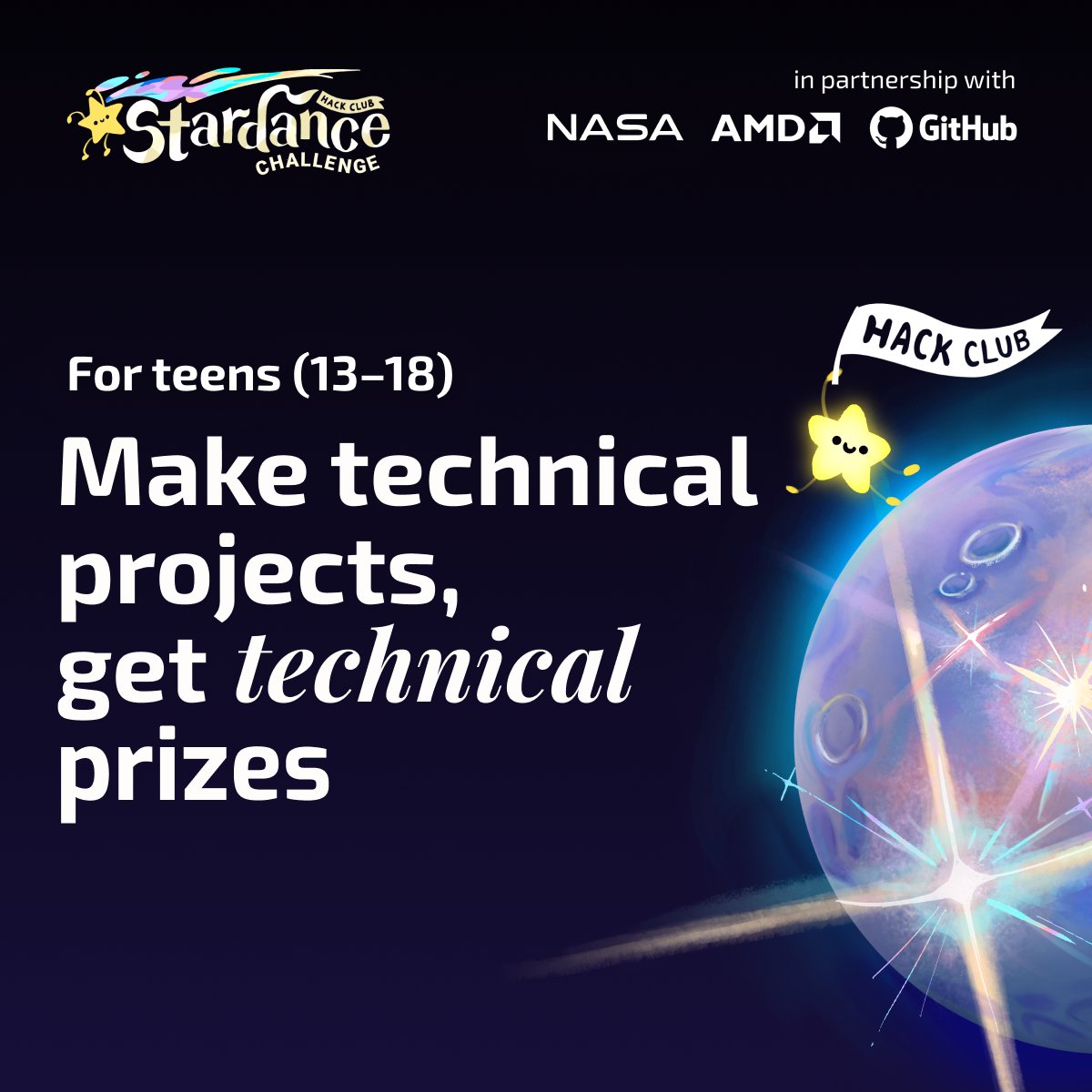 AMD's tweet photo. We're excited to partner with @hackclub on the Stardance Challenge, one of the largest STEM challenges for teens this summer. 

From June 1 to September 30, students ages 13 to 18 worldwide will design, build, and ship real technical projects, earning rewards along the way. Top US participants will be invited to an in-person hackathon at AMD Advancing AI in San Francisco this July. 

We're proud to support the next generation of builders alongside @NASA and @GitHub. 

Know a teen who should be part of this? Send this to them: https://t.co/bYJ2UHb798