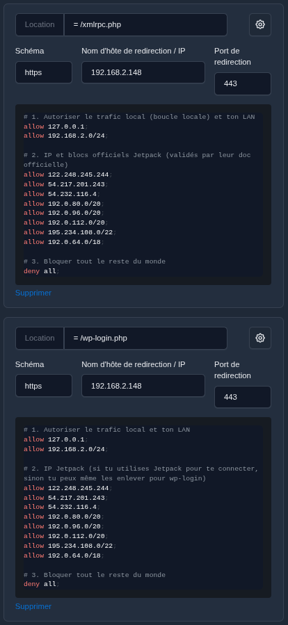 BlablaLinux's tweet photo. Petit rappel utile : Nginx Proxy Manager fait aussi office de bouclier ! 🛡️
Pratique pour verrouiller les fichiers sensibles et ne laisser passer que le LAN et les IP de confiance. Simple, rapide, efficace.

#SelfHosted #SysAdmin #Nginx #WordPress https://t.co/W1uLtE8aHJ