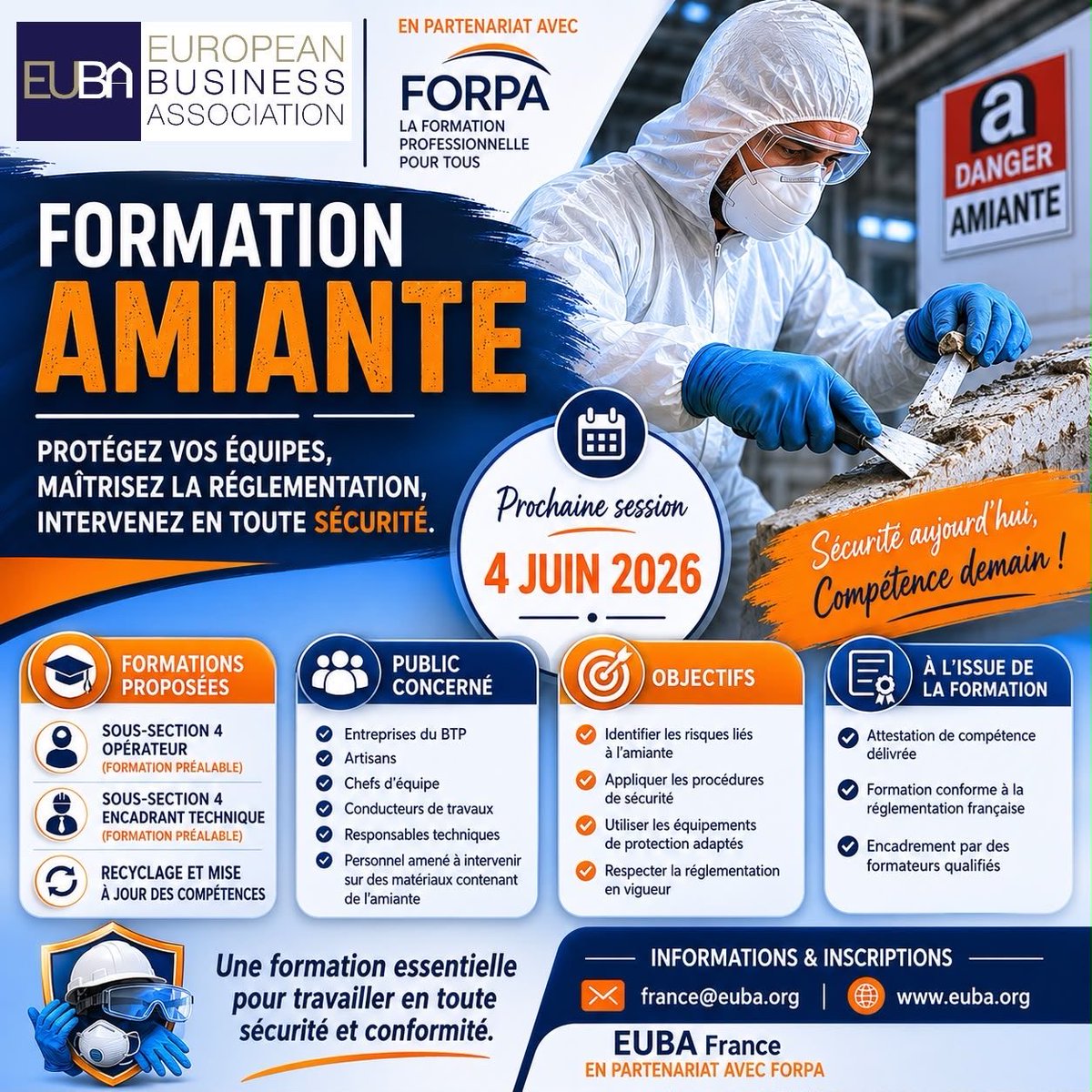 EubaFrance's tweet photo. ⚠️ Formation Amiante – Session du 4 juin 2026

Protégez vos équipes, maîtrisez la réglementation et intervenez en toute sécurité.

👷 Sous-section 4 Opérateur
👷‍♀️ Sous-section 4 Encadrant Technique
🔄 Recyclage &amp; mise à jour des compétence
#FormationAmiante #BTP #EUBAFrance #FORPA https://t.co/k7is1GW6NE