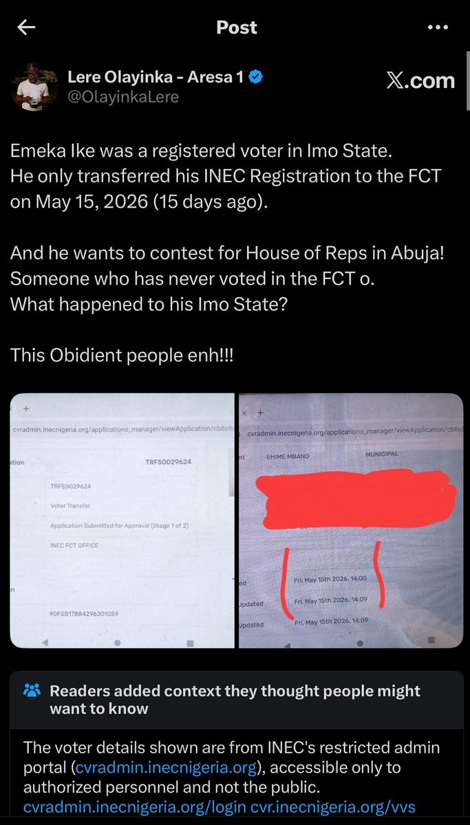 PureMinD__'s tweet photo. It’s been over 24 hours since @OlayinkaLere , an appointee of Wike and a card carrying member of APC posted an incriminating screenshot evidence which shows that he has an unrestricted access to @inecnigeria ‘s backend admin Database. 

This event has been making rounds and even made the news on Arise TV earlier this morning and yet, no word from INEC on this yet another blatant cybersecurity and data protection breach!

Based on the foregoing, Nigerians are asking once again @inecnigeria , HOW ARE WE SUPPOSED TO TRUST YOU TO CARRY OUT A FREE, FAIR AND CREDIBLE ELECTION when all your actions shows that you have been severely compromised? 

DOES OLAYINKA OYELERE WORK FOR INEC? 
How did he gain access to your admin portal to lift a voter information? 

WE NEED ANSWERS!!! #INECisCompromised