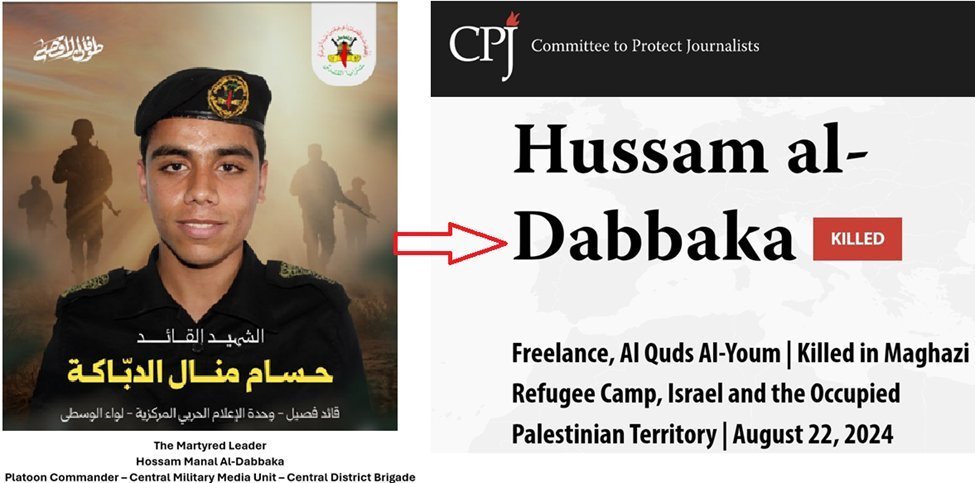 Aizenberg55's tweet photo. May 17: PIJ admitted that Hussam al-Dabbaka, listed by
@pressfreedom as an innocent reporter killed by an IDF strike on his home, was a platoon commander. PIJ is just as guilty as Hamas for using the press vest as a human shield, putting REAL journalists at great risk. 4/ https://t.co/9QoocKBWK2