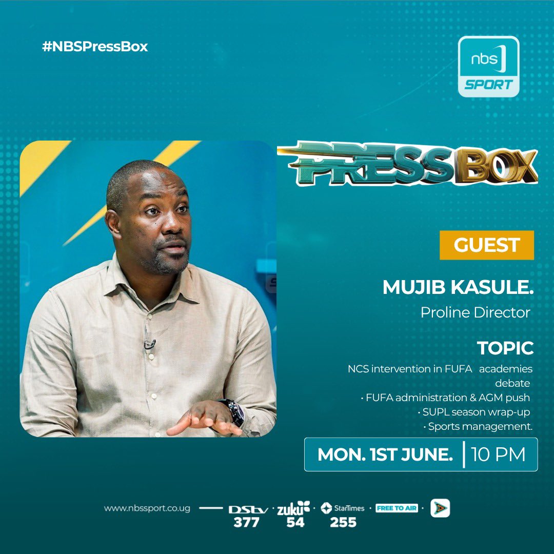 NBSportUg's tweet photo. The first #NBSPressBox episode of the month features @ProlineFC Director, @MujibKasule. And you know what that means, plenty of Ugandan football talk at 10PM tonight.

Also watch @afromobileug 

#NBSportUdpates https://t.co/EqgjVRhswr