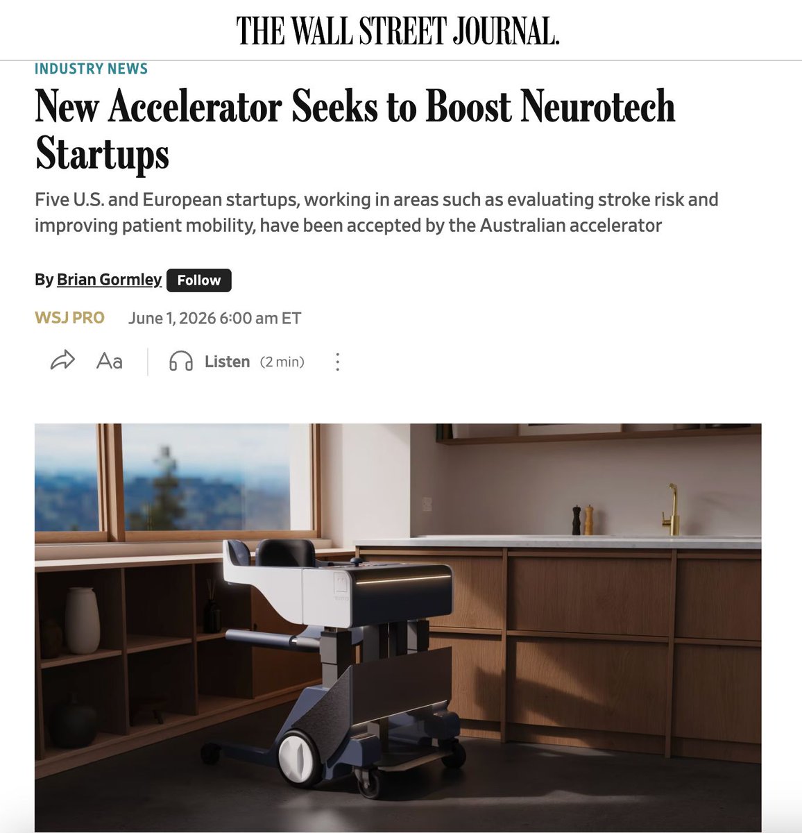 foundersfactory's tweet photo. We’re proud to announce the inaugural cohort of the MSWA Multiple Sclerosis & Neurological Care Accelerator.

These five ventures are building the future of neurological care, each one tackling a different dimension of life with MS and related conditions.

The programme, delivered by Founders Factory in partnership with MSWA, was announced in the Wall Street Journal today - highlighting the cohort’s role in connecting cutting-edge healthcare technologies directly to the people who need it most.

Our partnership with Northwestern Medicine was also highlighted for accelerating European healthtech innovations entry into the US market. 

The five ventures joining the inaugural MS & Neurological Care cohort are: https://t.co/B18fTWPeof 

upLYFT – a Movement Intelligence platform that transforms textiles into an invisible layer of health and performance understanding. https://t.co/XoXjrwXCGf
NeuroSonic – preventing strokes through rapid, AI-powered vascular assessments. https://t.co/bW5QxV3K4u
Fluent – restoring communication through AI and low-risk neurotechnology. https://t.co/8voY0zf0gD
Clarity – a wearable device delivering immersive gamma sensory stimulation therapy to treat neurodegenerative diseases, including fatigue for individuals with MS. https://t.co/EG9hk8Fbv5
ReVimo – a portable robotic self-transfer device that enables individuals with mobility challenges to get out of bed and perform self-care tasks safely and independently. https://t.co/nQ9ZgrwsLe
As one of Australia's leading providers of MS and neurological care, MSWA brings something no conventional accelerator can — direct access to clients, clinicians, service delivery teams and the lived experience that turns a promising technology into one that actually works in the real world.

These five teams spent time with MSWA's clients and care teams in Perth last week. Access shapes everything.

We’re proud to be building a programme that truly accelerates the time between research and delivery alongside Melanie Kiely and the MSWA team - and to be partnering with founders who chose to build in one of the most complex and consequential areas of healthcare.

🔗 Read the Wall Street Journal feature: Neurological Care 

#healthtech #Multiple Sclerosis #Neurological Care  #accelerator
