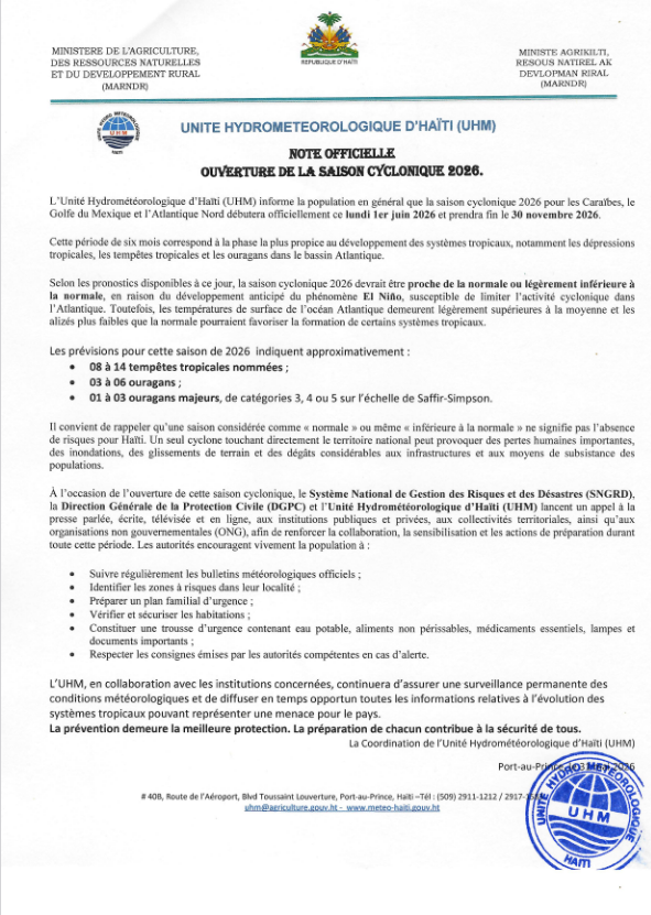 uhmhaiti's tweet photo. L’Unité Hydrométéorologique d’Haïti (UHM) informe la population que la saison cyclonique 2026 dans l’Atlantique Nord, la mer des Caraïbes et le golfe du Mexique s’étend du 1er juin au 30 novembre 2026.
#noteofficielle #UHM https://t.co/WIHkX1RwaG