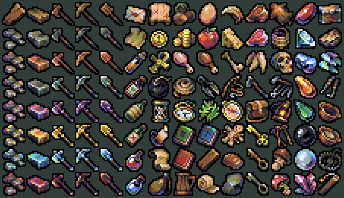 Namatnieks's tweet photo. Just released 4 new asset packs in the new Bitcrawl series. For now just item sprites, but next up coming environments, ui and creatures, they're pretty far along already, but need some finishing. Meanwhile check it out here, hope you like it - https://t.co/HvPdPUe6yN https://t.co/hcWu8alboT