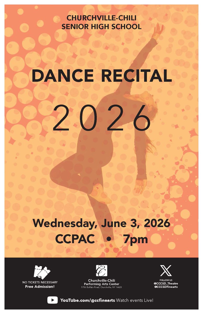 CCCSDtweets's tweet photo. This week! Don’t miss the Senior High School Dance Recital on Wednesday, June 3 at 7 p.m. at the Churchville-Chili Performing Arts Center.

✨ Free admission
🎥 Livestream available on YouTube

We can’t wait to welcome you. https://t.co/WDb8IsXgF9