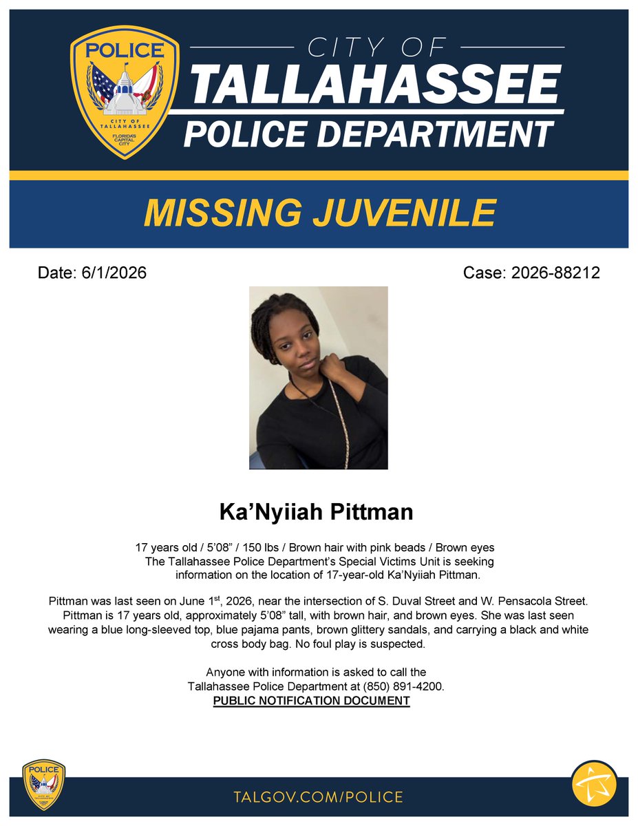 TallyPD's tweet photo. Please share to help locate this missing person. If you have information regarding Ka'Nyiiah’s whereabouts, please call TPD at 850- 891-4200. https://t.co/i03ueFhRe0