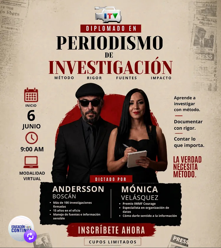 ITVecuador's tweet photo. 🎙️ Andersson Boscán: +100 investigaciones firmadas. 15 años manejando información sensible.

🎙️ Mónica Velásquez: Premio IWMF Courage. Experta en interpretación de datos periodísticos.

📅 Inicio: 6 de junio · 9:00 AM
🗓️ 10 sesiones · 100% virtual
📲 Inscripciones: 0984377312 https://t.co/gy0wwIEXrs