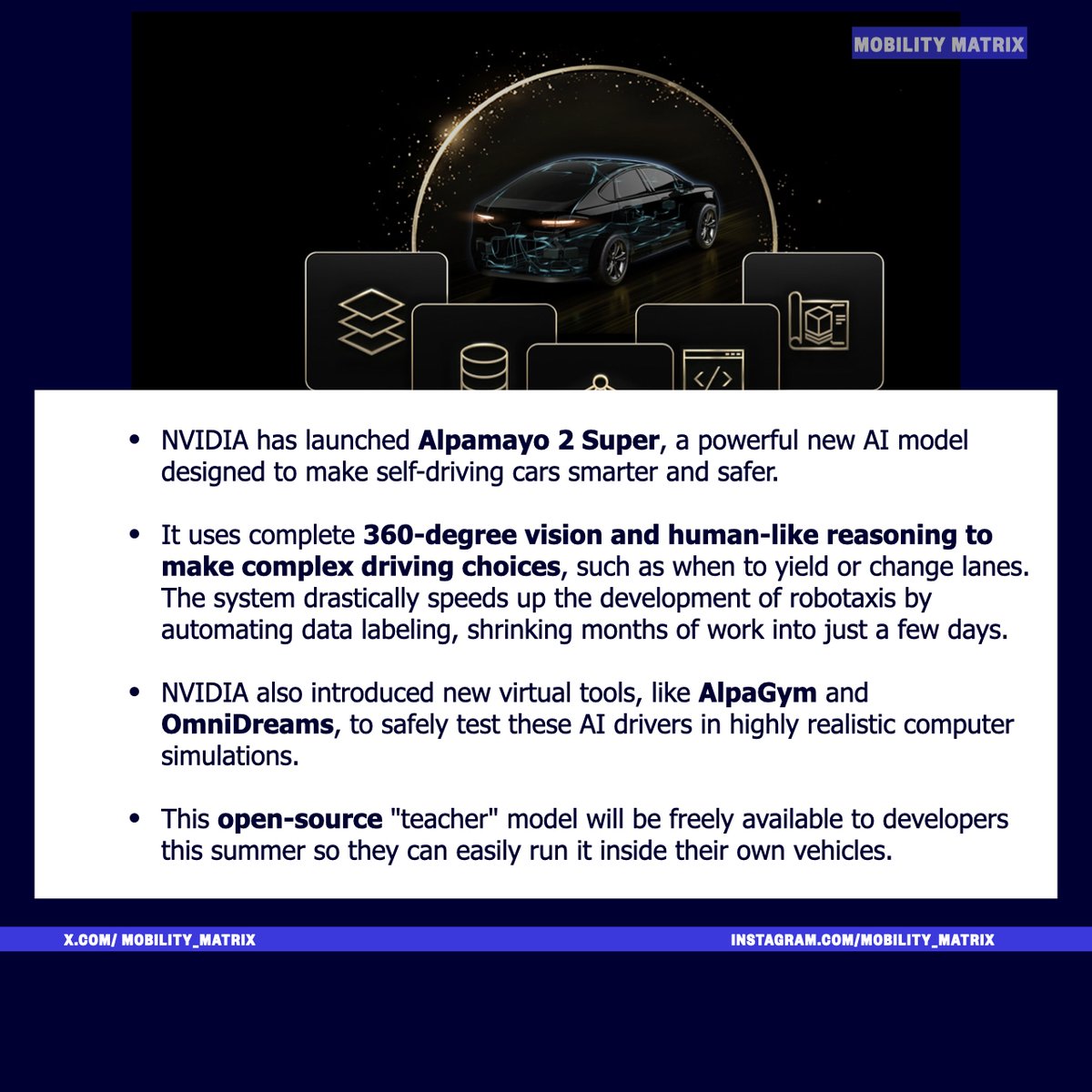 Mobility_Matrix's tweet photo. @nvidia  just dropped #Alpamayo 2 Super, their 𝗺𝗼𝘀𝘁 𝗽𝗼𝘄𝗲𝗿𝗳𝘂𝗹 𝗼𝗽𝗲𝗻 𝗿𝗲𝗮𝘀𝗼𝗻𝗶𝗻𝗴 𝘃𝗶𝘀𝗶𝗼𝗻-𝗹𝗮𝗻𝗴𝘂𝗮𝗴𝗲-𝗮𝗰𝘁𝗶𝗼𝗻 (#𝗩𝗟𝗔) 𝗺𝗼𝗱𝗲𝗹 𝘁𝗼 𝗱𝗮𝘁𝗲, designed to scale Level 4 robotaxi development safely and efficiently. https://t.co/hZwiKDBKO2