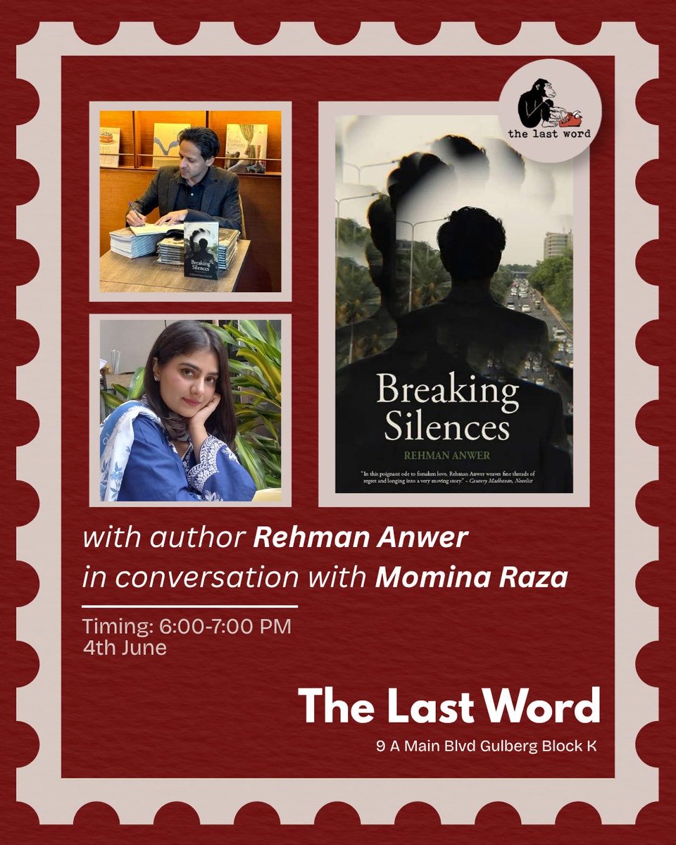 rehmananwer's tweet photo. If you're in Lahore this Thursday, join us for a conversation about my novella, Breaking Silences. 

DM me to RSVP! https://t.co/U2g7t5roiK