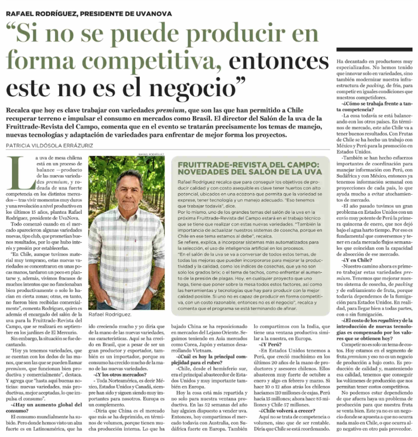 SNA_Chile's tweet photo. Rafael Rodríguez, presidente de @UvanovaChile, destacó que la industria chilena de la uva de mesa atraviesa una etapa de ajuste, marcada por la incorporación de nuevas variedades premium y una creciente competencia en los mercados internacionales. @Revistadelcampo https://t.co/hLzflPaxSR