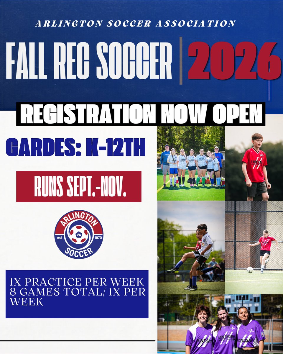 arlingtonsoccer's tweet photo. Fall 2026 Rec Soccer registration is now open! ⚽️

📅 Season runs September–November
👥 Open to players of all experience levels

#ArlingtonSoccer #RecSoccer #FallSoccer #YouthSoccer #ArlingtonVA #SoccerSeason #RegisterNow ⚽ https://t.co/HyfsPv5w8g