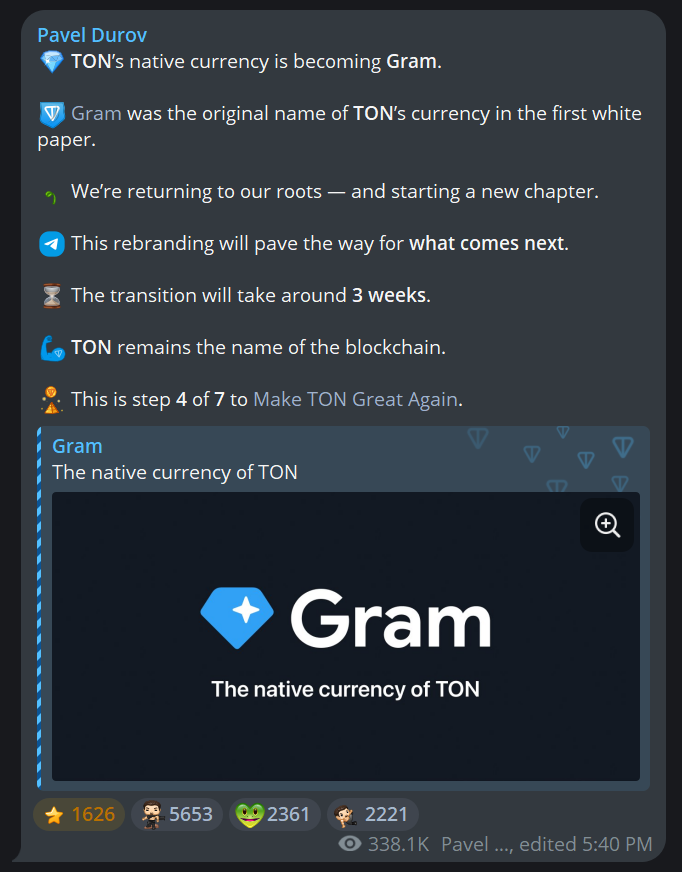 wallstreetbets's tweet photo. BREAKING: TON's native currency is rebranding to Gram

TON remains the name of the blockchain

this is step 4/7 to Make $TON Great Again
 
Durov's cooking something 👀 https://t.co/rmlvqXIl9I