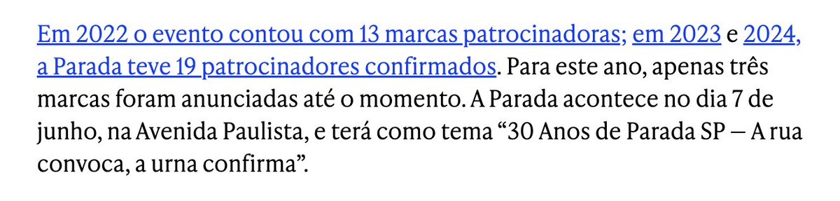 giu_palumbo1's tweet photo. gente, tipo assim, não foi uma redução pequena de patrocinadores da parada LGBT+ desse ano, não, viu? caímos de 19 marcas para 3 https://t.co/0Syq69M76H