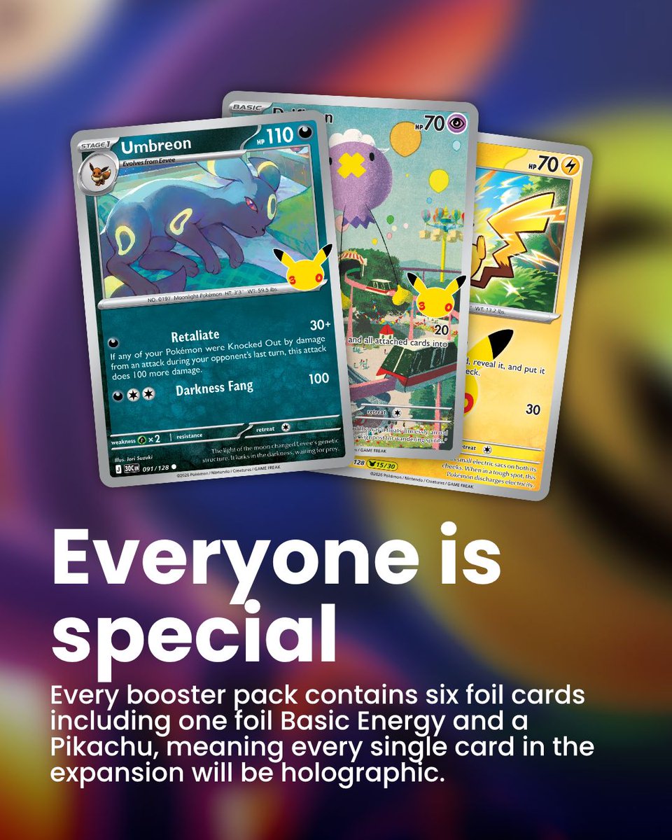 DexTCG's tweet photo. 🎉 30th Celebration hype just keeps growing.

✨ Between every card being holographic, thirty different Pikachu cards illustrated by different illustrators, and a full classic collection returning older staple cards, this expansion feels packed with collector and player appeal.

👀 The new Futuristic Rare cards illustrated by YOSHIROTTEN immediately stand out! And we might already have all thirty classic cards revealed already.