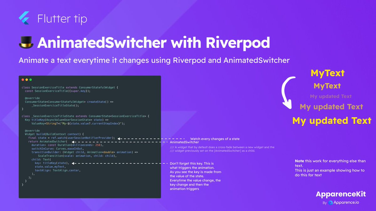 mcflyDev's tweet photo. 🧐 Flutter tips
The missing piece to make your texts changes look premium...

Here's how to do it using AnimatedSwitcher

#FlutterDev #DartLang #ApparenceKit #fluttertips https://t.co/LaXLwABhHW