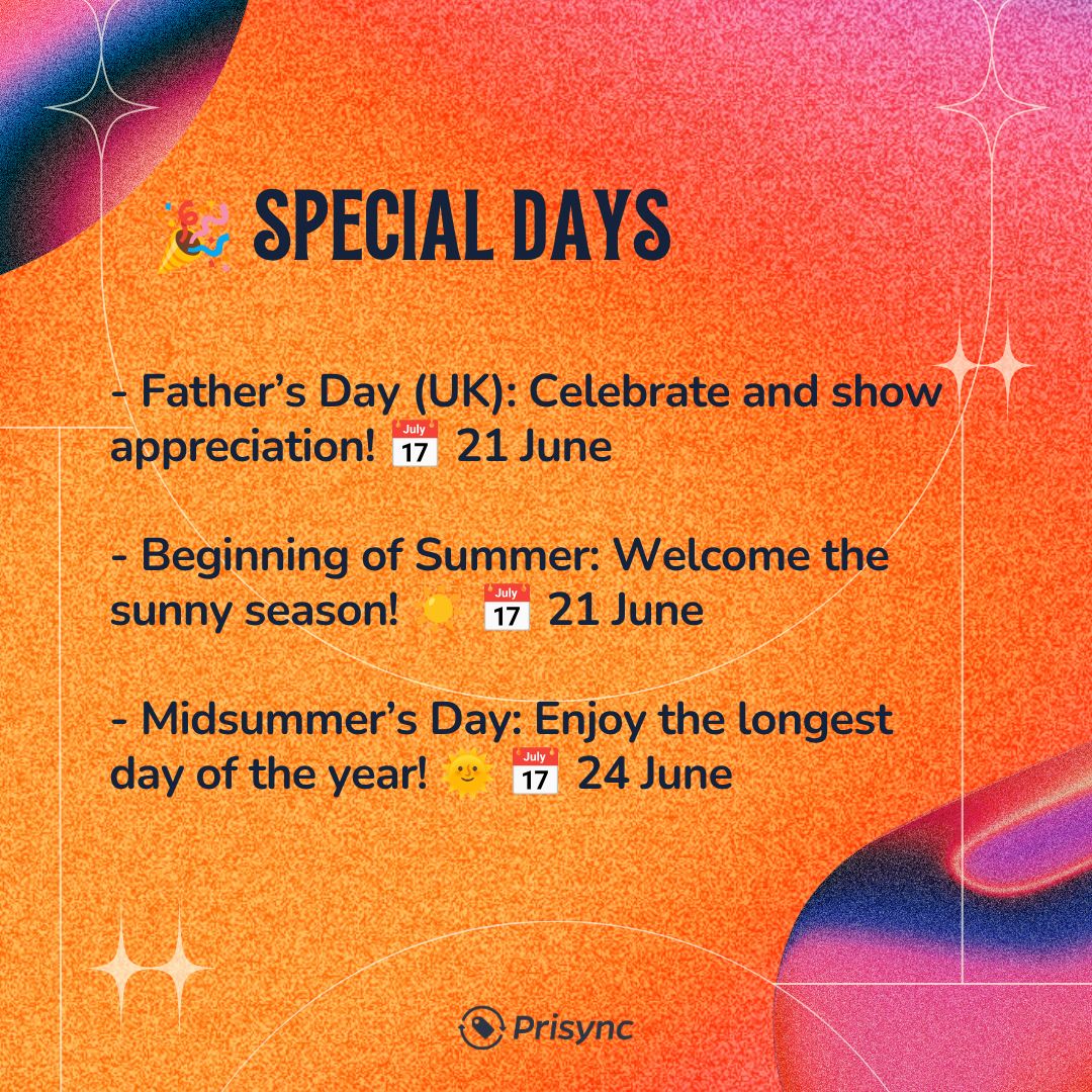 PrisyncCom's tweet photo. Hello June! 📅 🌻

From celebrating Father’s Day and the start of summer to attending retail conferences and expos, there's something for everyone. 👔🏖️

Mark your calendars! 🌞✨
https://t.co/USJkEub2uX

#EcommerceSuccess #RetailCalendar #RetailStrategy #Ecommerce https://t.co/QpU3YsIAts