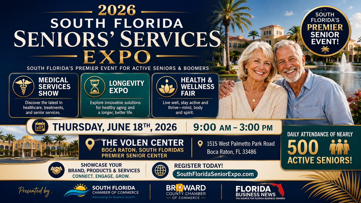 SouthFloridaCC's tweet photo. We invite you to Reach the Wealthy Senior Market at the 2026 South Florida Seniors and Boomers Services Show.

If your goal is to connect with an engaged, growing, and high-value audience, the 2026 South Florida Senior Services Show is an opportunity you don’t want to miss.

Taking place on Thursday, June 18th, 2026 (9:00 AM – 3:00 PM) at the Volen Center in Boca Raton, FL.

This premier event brings together four powerful featured experiences under one roof:
Senior and Boomer Services Showcase
Medical Services Expo
Longevity Expo
Health & Wellness Fair

Register today at https://t.co/i5TpppIOlM

This dynamic combination creates a one-stop destination for attendees seeking trusted providers, innovative solutions, and resources to enhance quality of life.

Here’s why exhibiting makes smart business sense:
🎯 Reach the Wealthy Senior Market
South Florida is home to one of the most affluent senior populations in the country. This event gives you direct access to attendees with strong purchasing power who are actively seeking premium services and solutions.

🤝 Connect with a Highly Targeted Audience
Engage face-to-face with seniors, caregivers, healthcare professionals, and key decision-makers—all in one place, all looking for what you offer.

📈 Generate High-Quality Leads & Grow Your Business
Exhibitors benefit from real-time interactions with motivated prospects, resulting in stronger leads and immediate business opportunities.

🏆 Position Your Brand as a Trusted Senior Services Resource
By participating in a show that prominently features Senior Services, you align your business with credibility, care, and community leadership—key factors in earning trust in this market.

🌴 Premier Venue Advantage – The Volen Center

Presented by the Broward County Chamber of Commerce & the South Florida Chamber of Commerce.

Exhibit space is limited and expected to fill quickly.

If you're ready to reach the wealthy senior market, expand your visibility, and build meaningful relationships, now is the time to secure your spot.

👉 Visit: https://t.co/i5TpppIOlM
👉 Or email MemberServices@SouthFloridaChamber.org to request exhibitor details today.