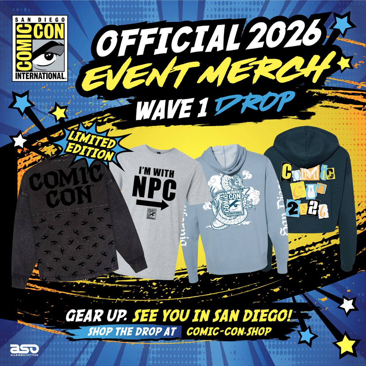 Comic_Con's tweet photo. WAVE 1 HAS ARRIVED ⚡ The first drop is open. Jerseys. Hoodies. Tees. Hats. Pins. Patches. Magnets. Stickers. Fans. Socks. Lanyards. Keychains. Notebooks… and more.
But don’t get too comfortable, this is only Wave 1. We’ve been holding back some of our favorite drops for Wave 2 
Some items are Limited Releases. Once they’re gone… they’re gone.
See you at Comic Con. https://t.co/Pd0jAf05E9 @ASOAPPAREL 
#ComicCon #SDCC #WaveOne #LimitedDrop