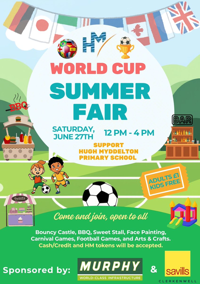 Ec1Echo's tweet photo. Hugh Myddleton Primary School’s Summer Fair returns!
This time it’s World Cup-themed...
Read the full article on our website - https://t.co/AMddiEUodd https://t.co/qKLevh640y